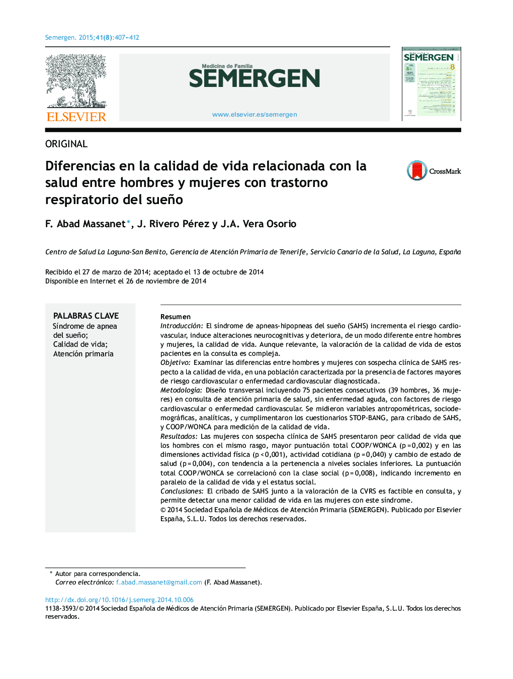 Diferencias en la calidad de vida relacionada con la salud entre hombres y mujeres con trastorno respiratorio del sueño