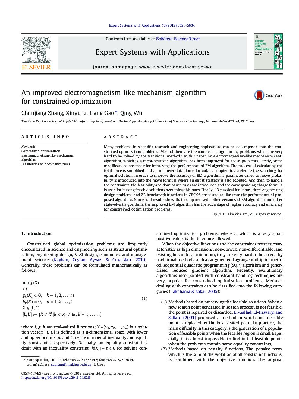 An improved electromagnetism-like mechanism algorithm for constrained optimization