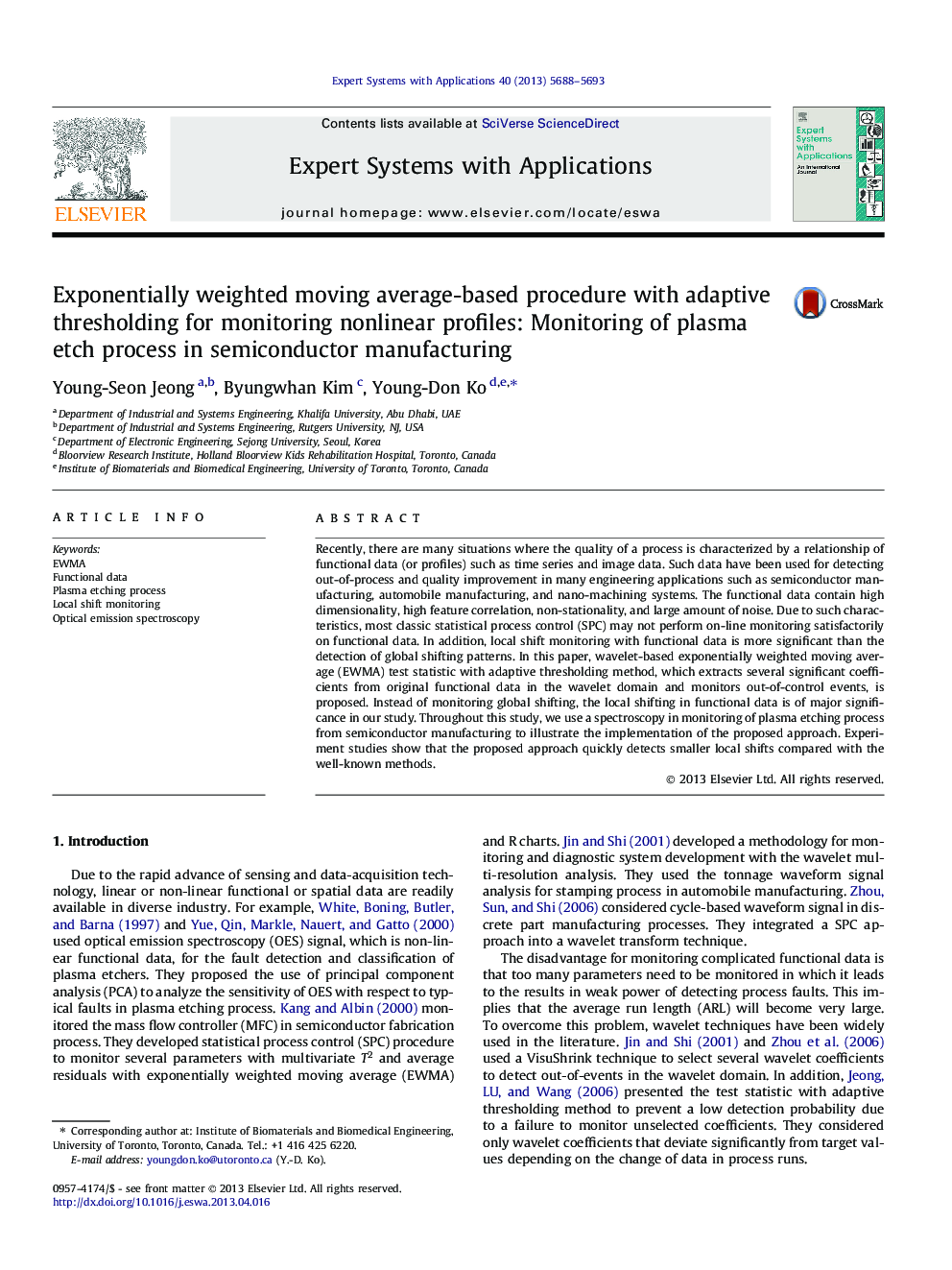 Exponentially weighted moving average-based procedure with adaptive thresholding for monitoring nonlinear profiles: Monitoring of plasma etch process in semiconductor manufacturing