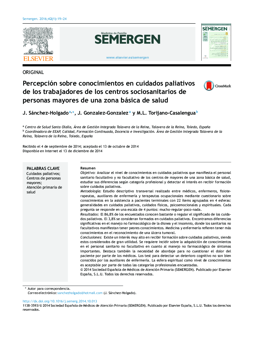 Percepción sobre conocimientos en cuidados paliativos de los trabajadores de los centros sociosanitarios de personas mayores de una zona básica de salud