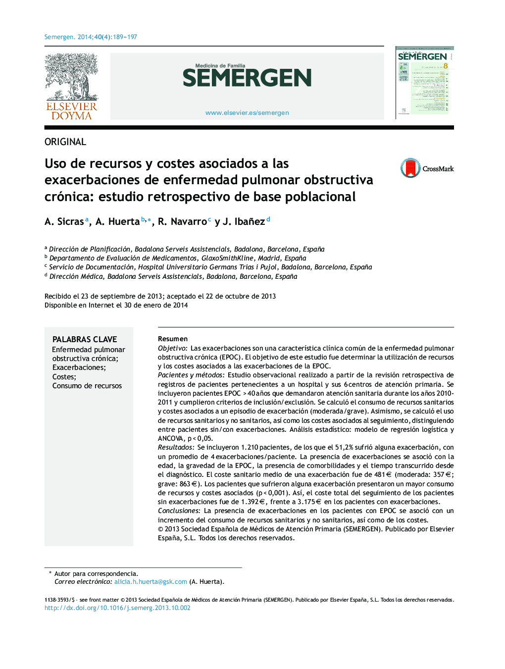 Uso de recursos y costes asociados a las exacerbaciones de enfermedad pulmonar obstructiva crónica: estudio retrospectivo de base poblacional