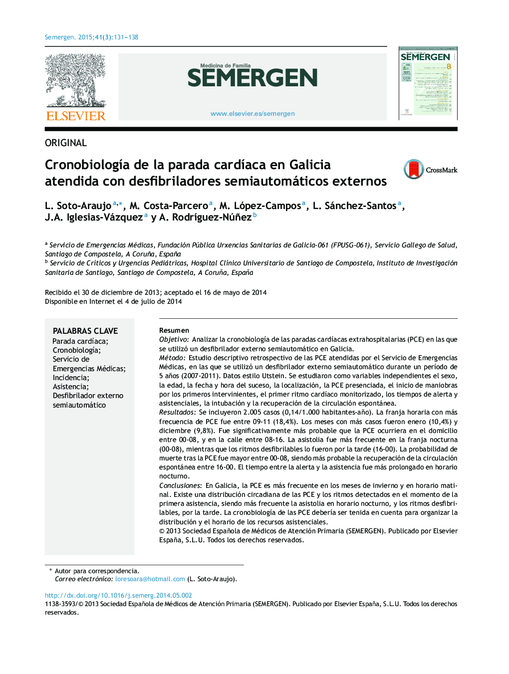 Cronobiología de la parada cardíaca en Galicia atendida con desfibriladores semiautomáticos externos