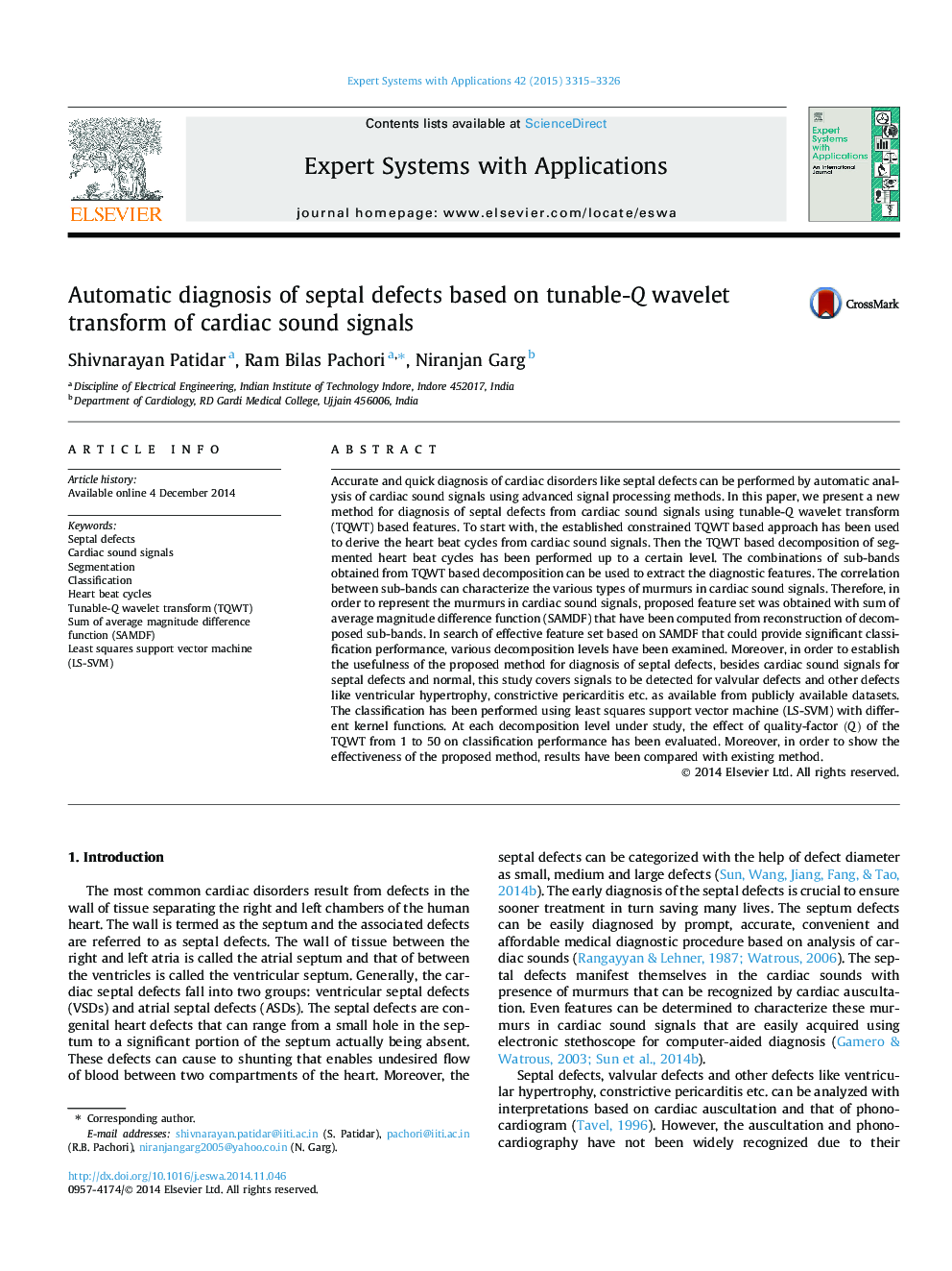 عکس صفحه اول مقاله: Automatic diagnosis of septal defects based on tunable-Q wavelet transform of cardiac sound signals Automatic diagnosis of septal defects based on tunable-Q wavelet transform of cardiac sound signals