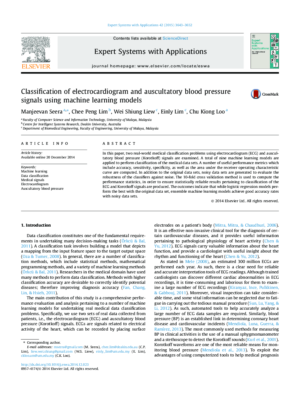 Classification of electrocardiogram and auscultatory blood pressure signals using machine learning models