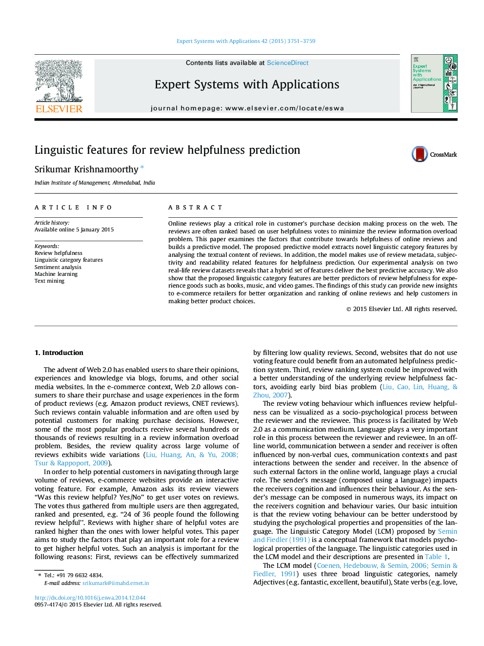 Linguistic features for review helpfulness prediction