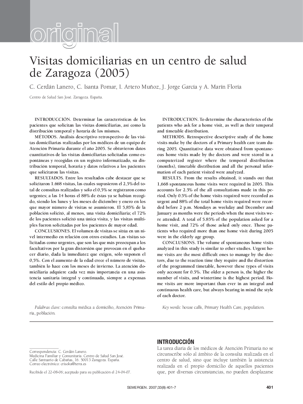 OriginalVisitas domiciliarias en un centro de salud de Zaragoza (2005)