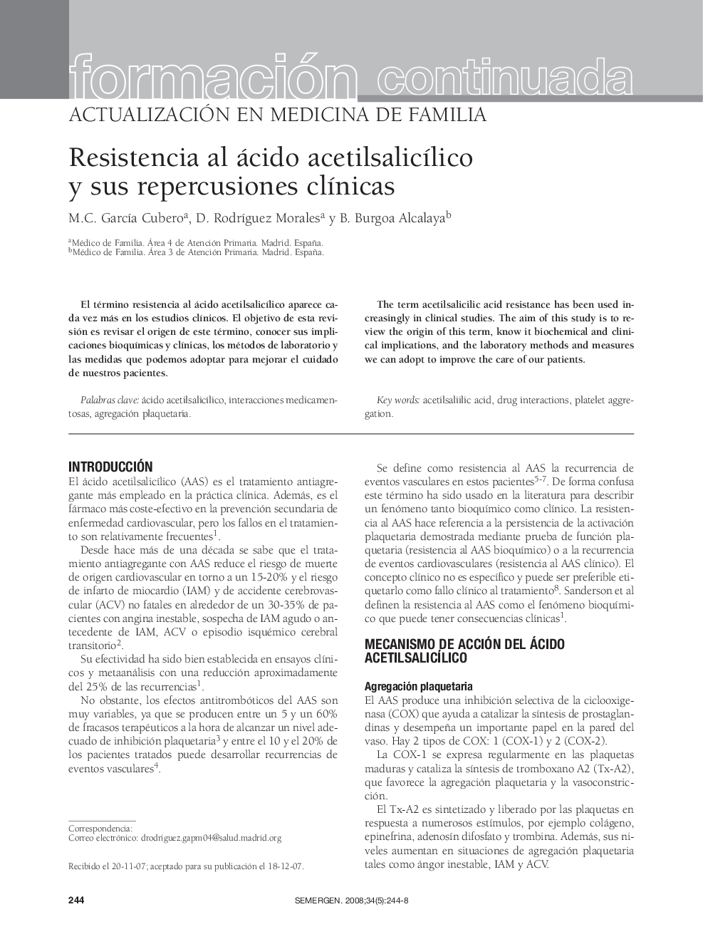 Resistencia al ácido acetilsalicílico y sus repercusiones clínicas