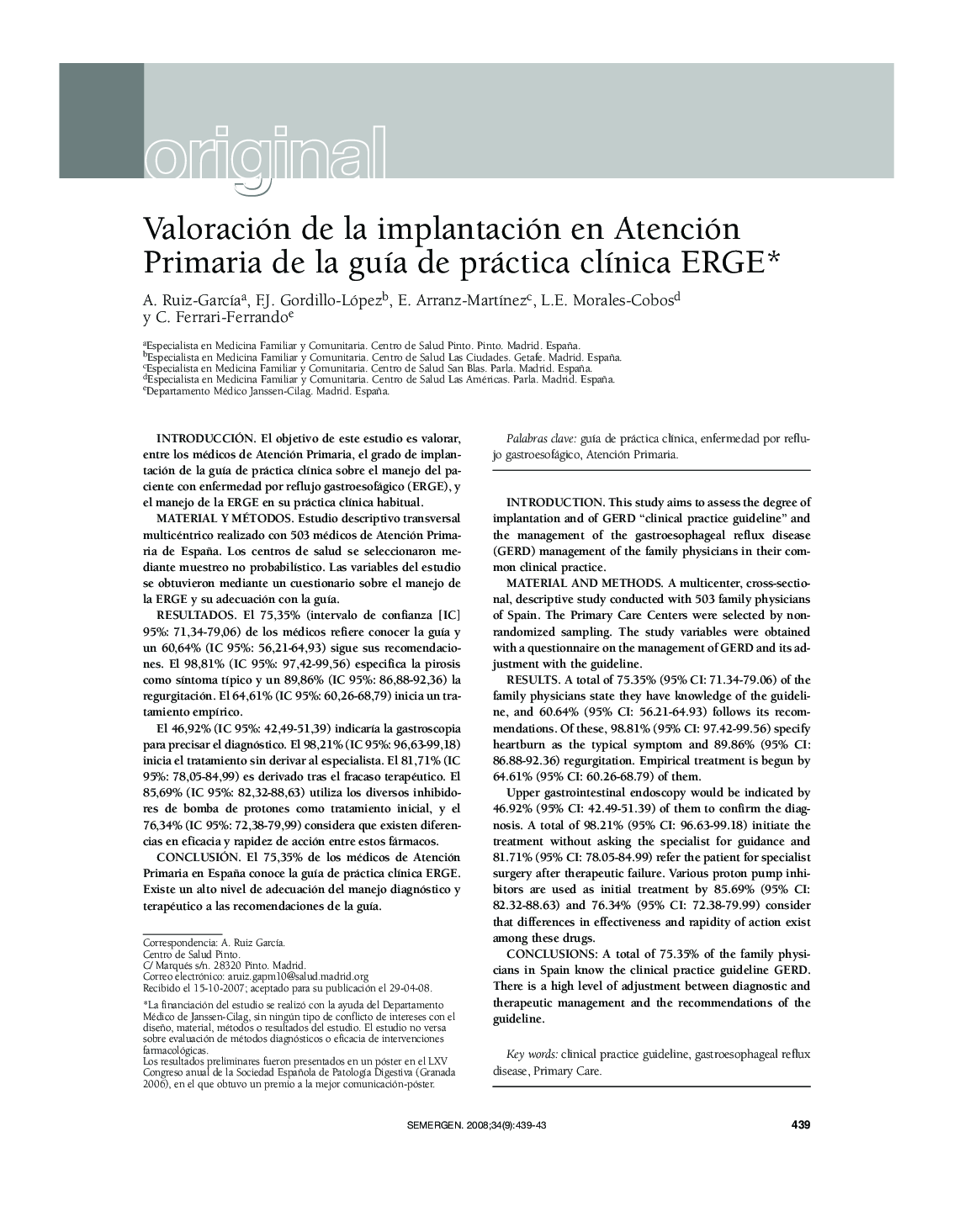 Valoración de la implantación en Atención Primaria de la guía de práctica clínica ERGE 