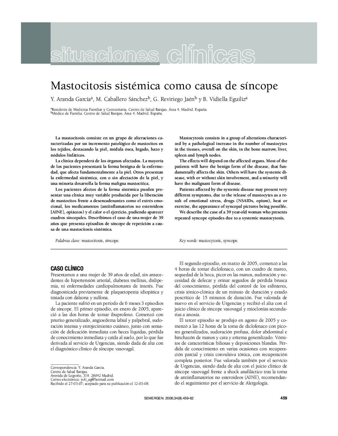 Situaciones clÃ­nicasMastocitosis sistémica como causa de sÃ­ncope