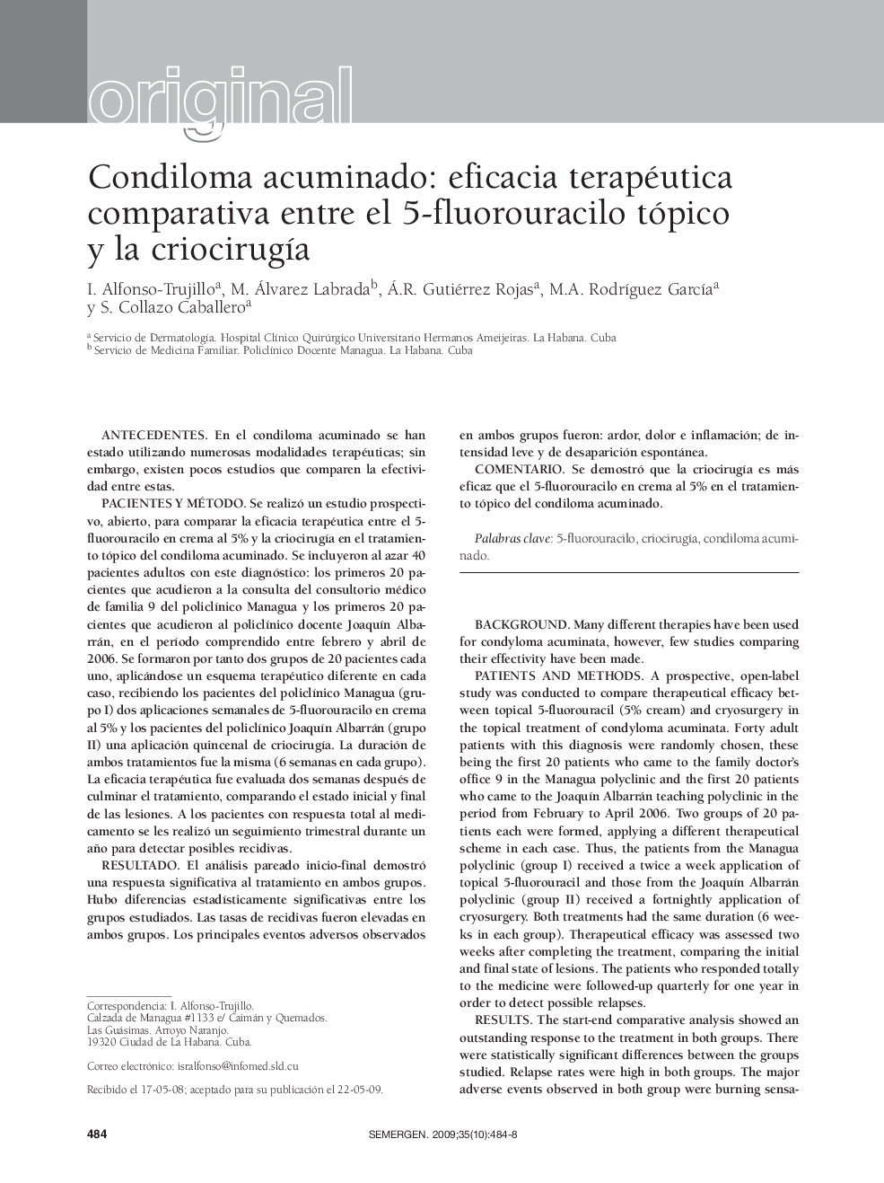 Condiloma acuminado: eficacia terapéutica comparativa entre el 5-fluorouracilo tópico y la criocirugía