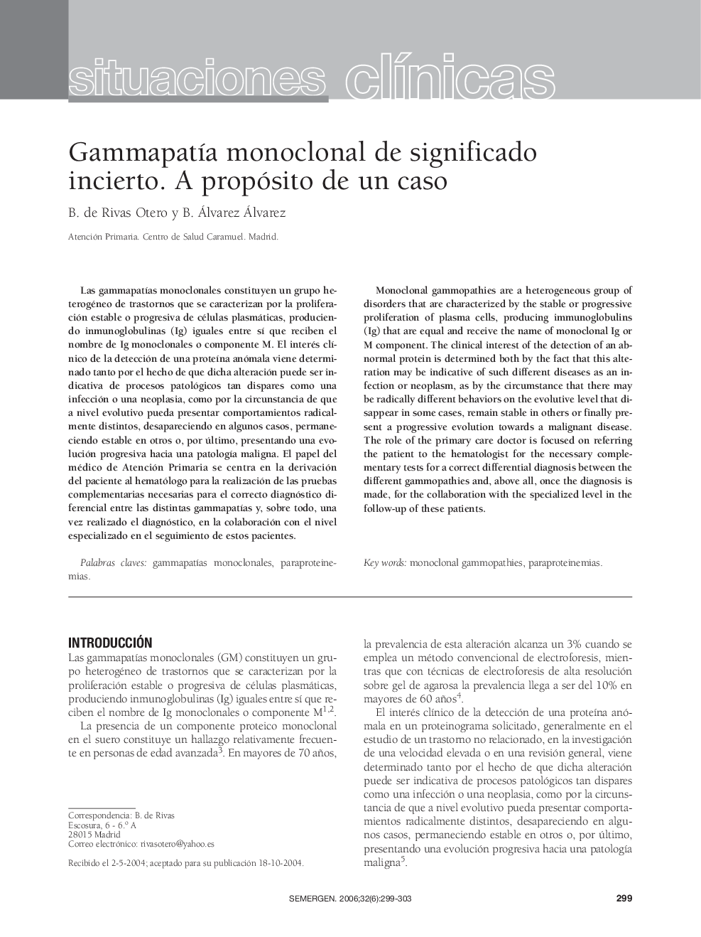 عکس صفحه اول مقاله: Situaciones clÃnicasGammapatÃa monoclonal de significado incierto. A propósito de un caso Situaciones clÃnicasGammapatÃa monoclonal de significado incierto. A propósito de un caso