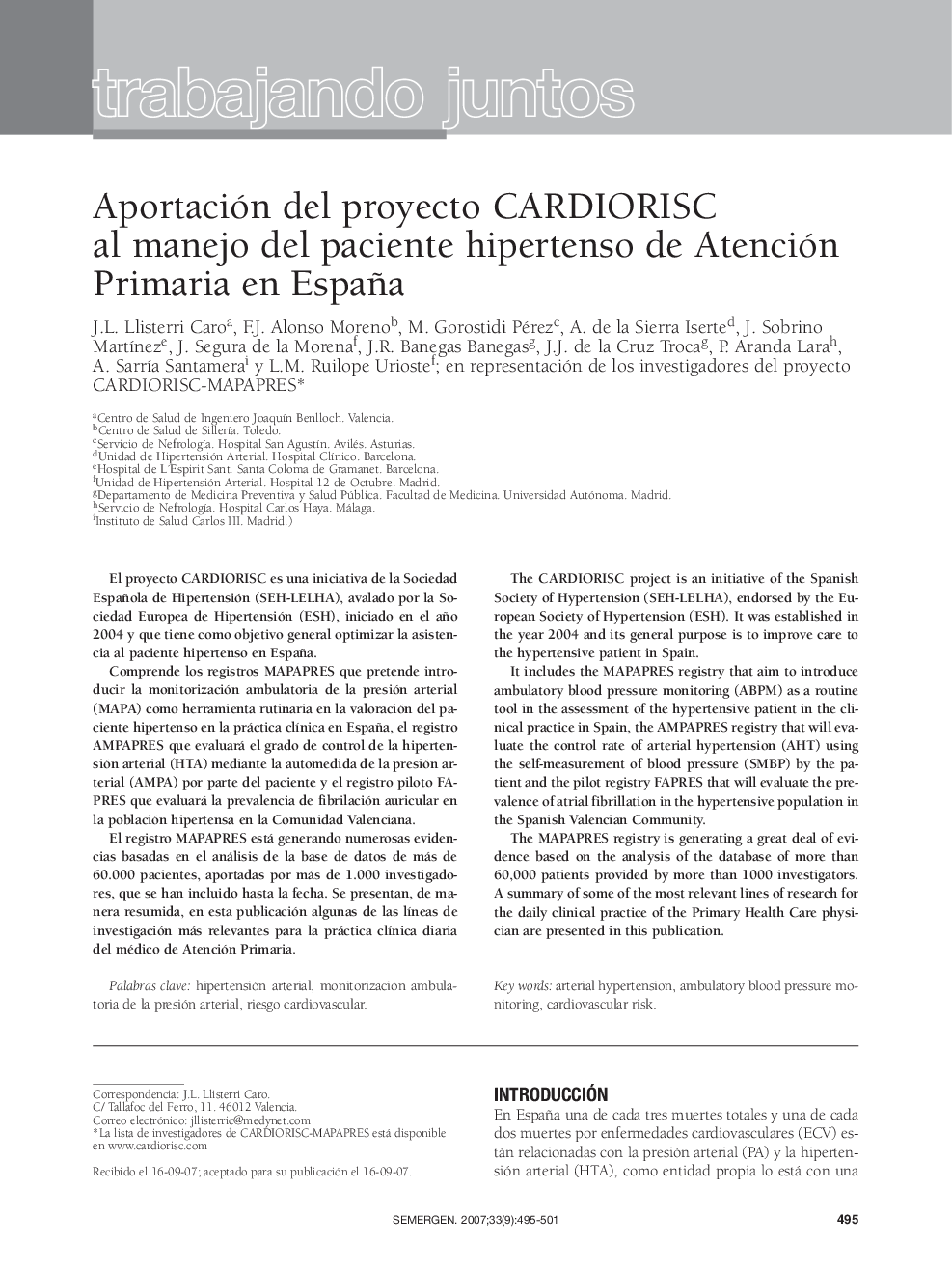 Trabajando juntosAportación del proyecto CARDIORISC al manejo del paciente hipertenso de Atención Primaria en España