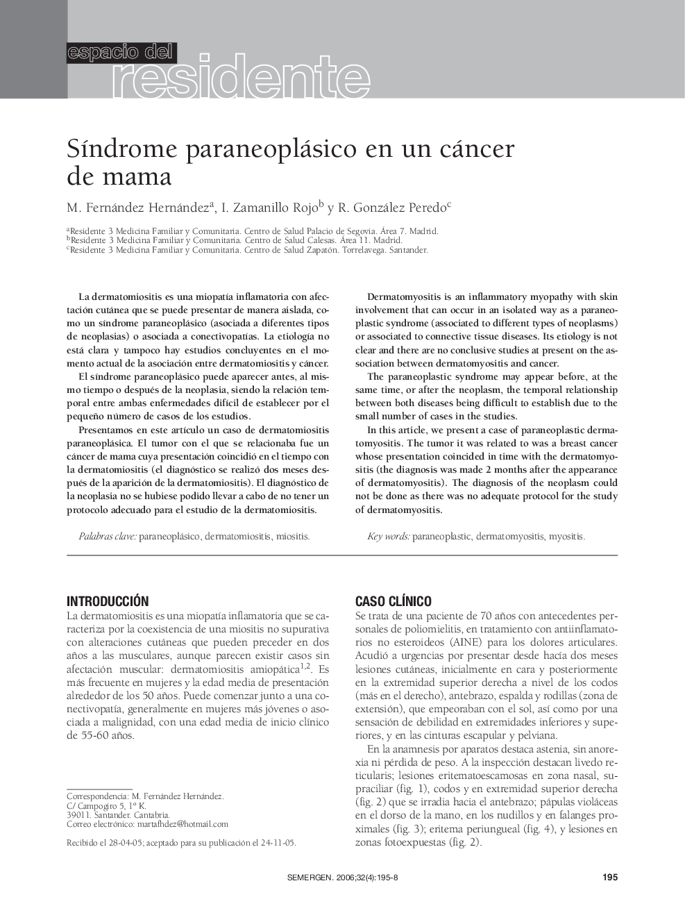 Espacio del residenteSÃ­ndrome paraneoplásico en un cáncer de mama