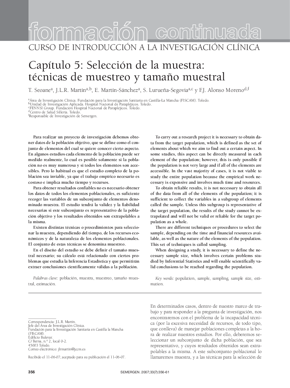 Formación continuadaCapÃ­tulo 5: Selección de la muestra: técnicas de muestreo y tamaño muestral
