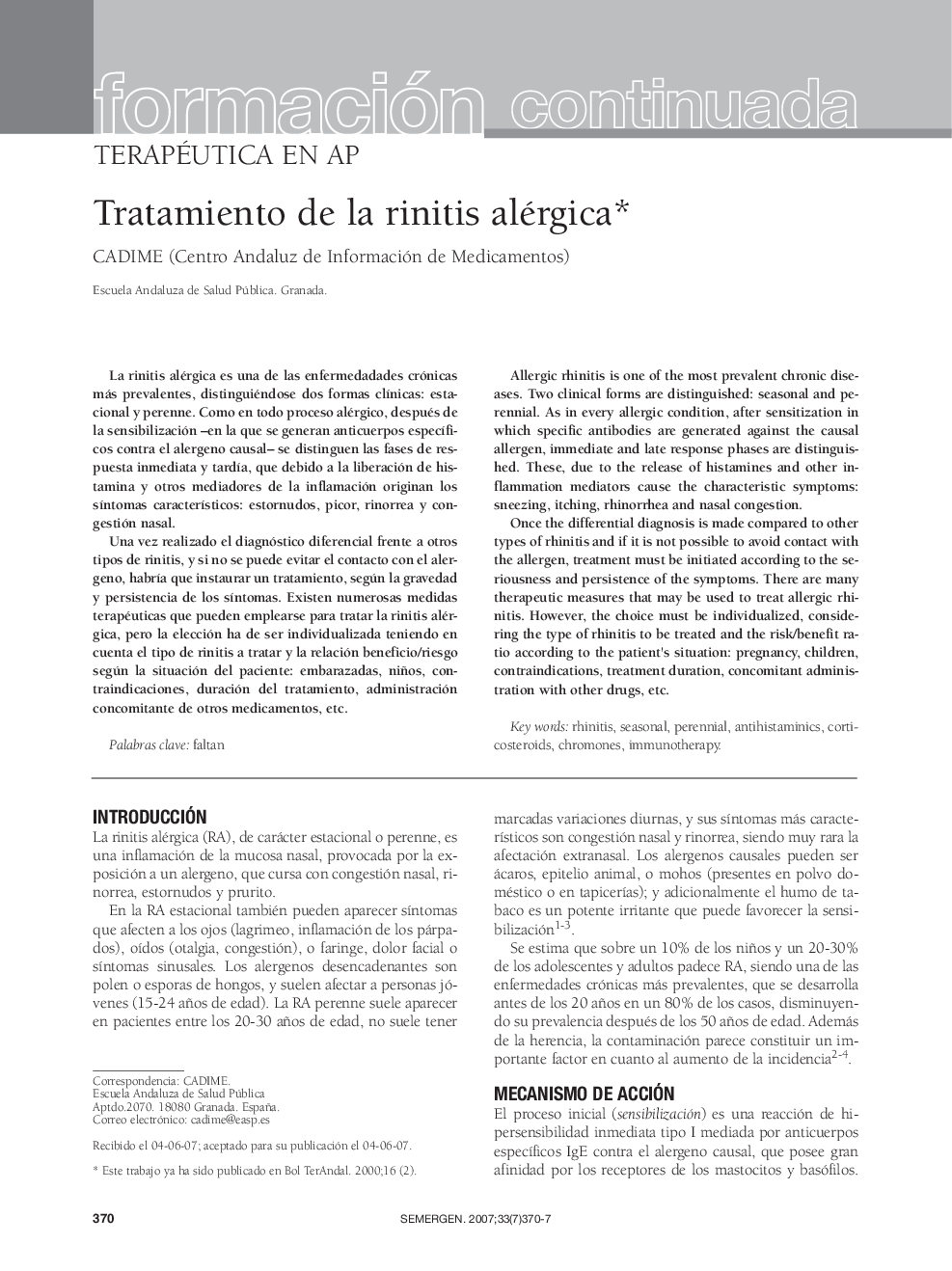 Formación continuadaTratamiento de la rinitis alérgica