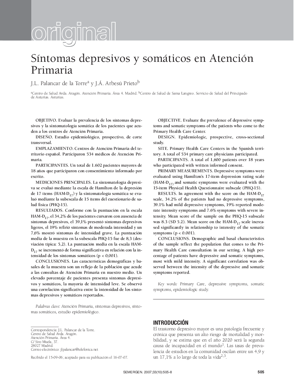 OriginalSÃ­ntomas depresivos y somáticos en Atención Primaria