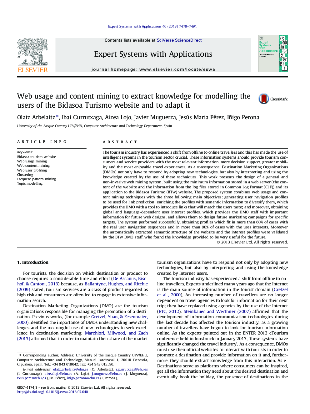 Web usage and content mining to extract knowledge for modelling the users of the Bidasoa Turismo website and to adapt it