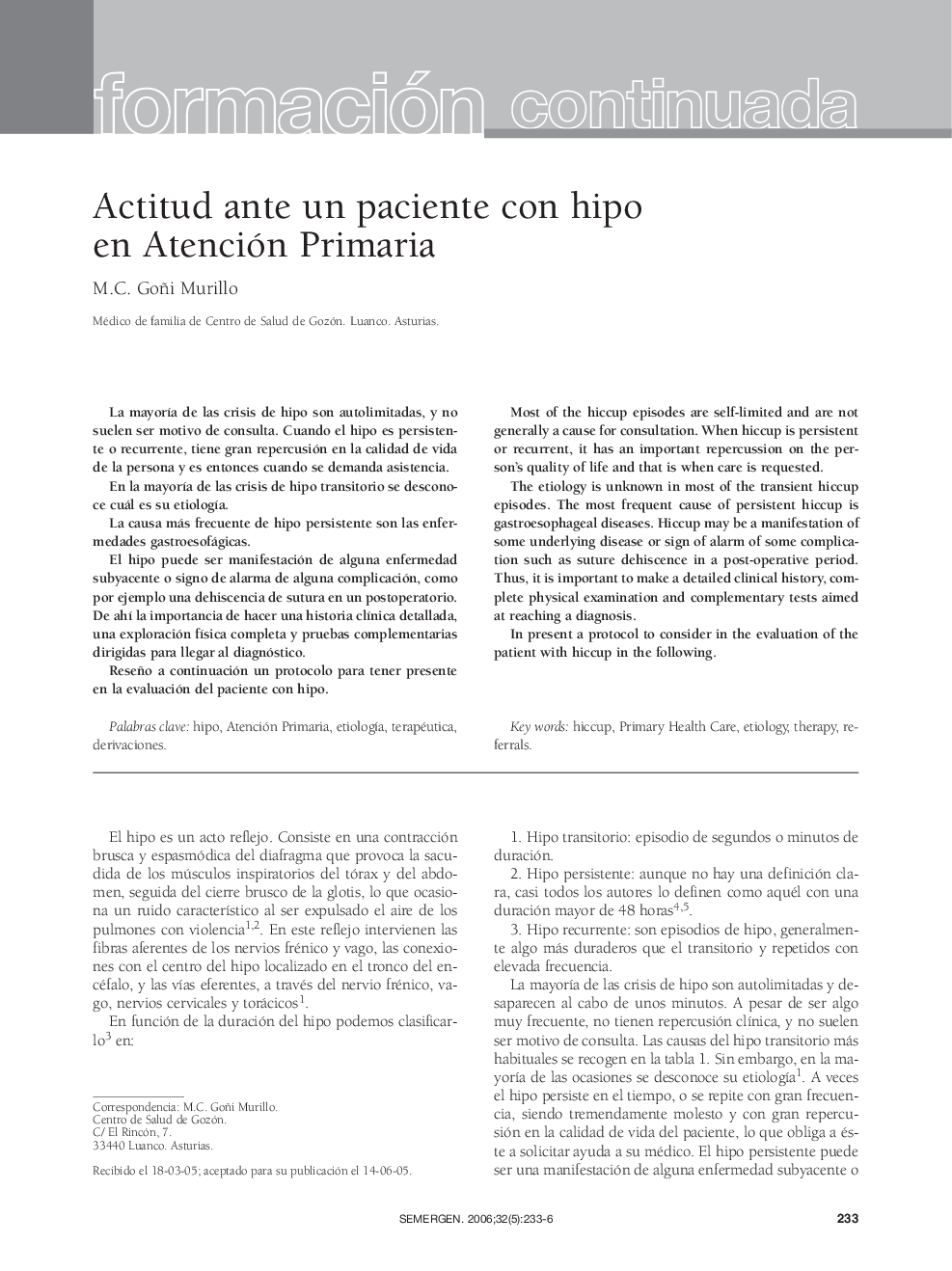 Formación continuadaActitud ante un paciente con hipo en Atención Primaria