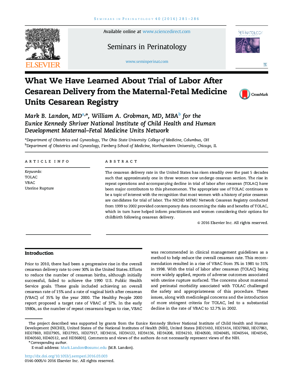 What We Have Learned About Trial of Labor After Cesarean Delivery from the Maternal-Fetal Medicine Units Cesarean Registry 