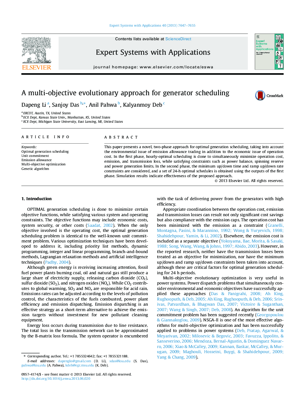 A multi-objective evolutionary approach for generator scheduling