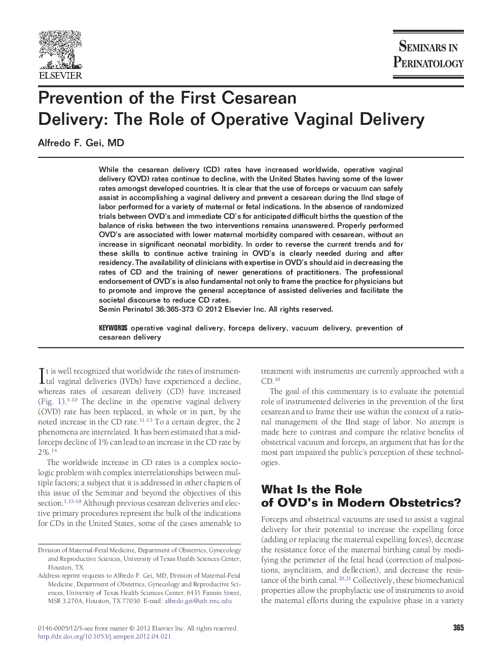Prevention of the First Cesarean Delivery: The Role of Operative Vaginal Delivery