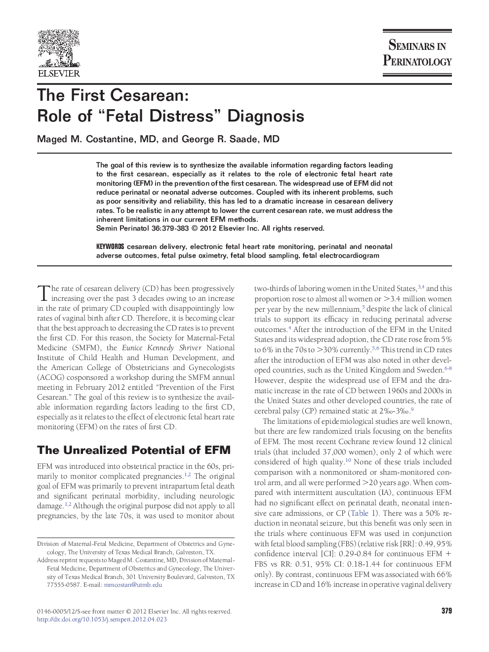 The First Cesarean: Role of “Fetal Distress” Diagnosis