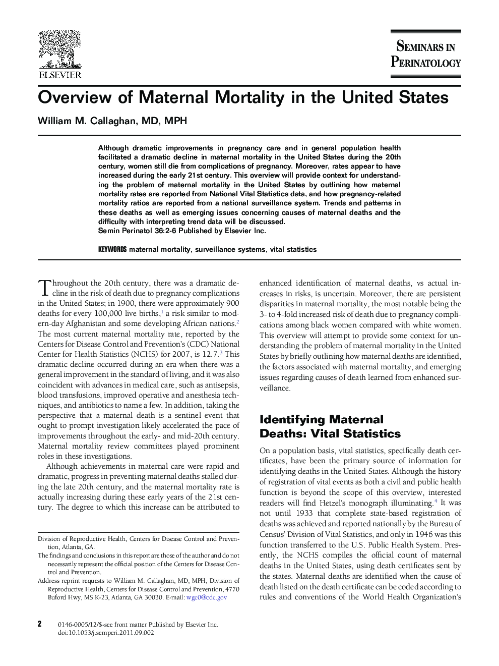Overview of Maternal Mortality in the United States 