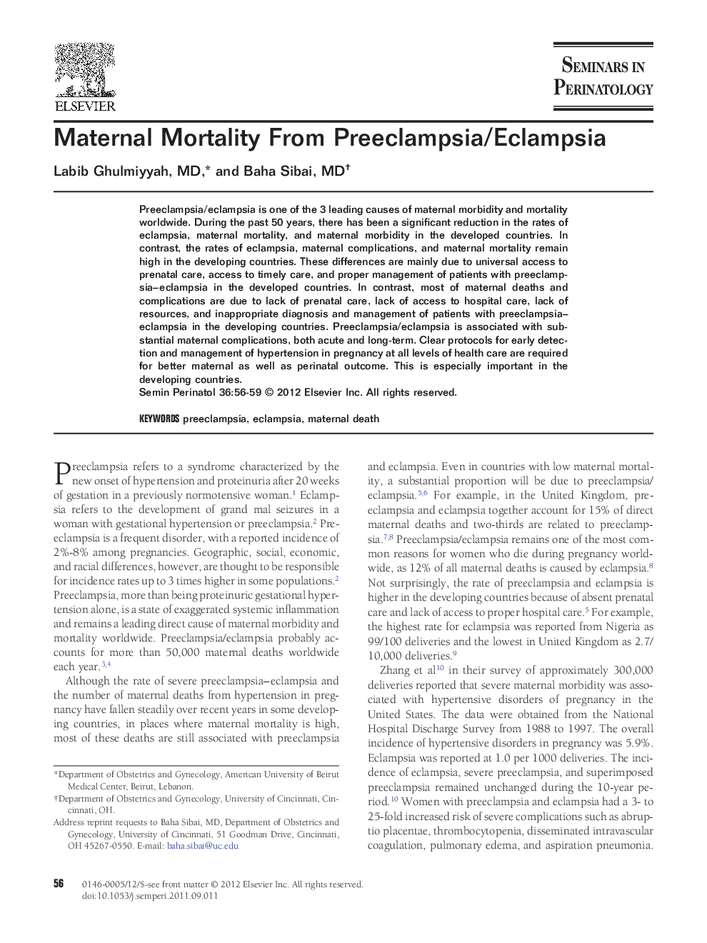 Maternal Mortality From Preeclampsia/Eclampsia