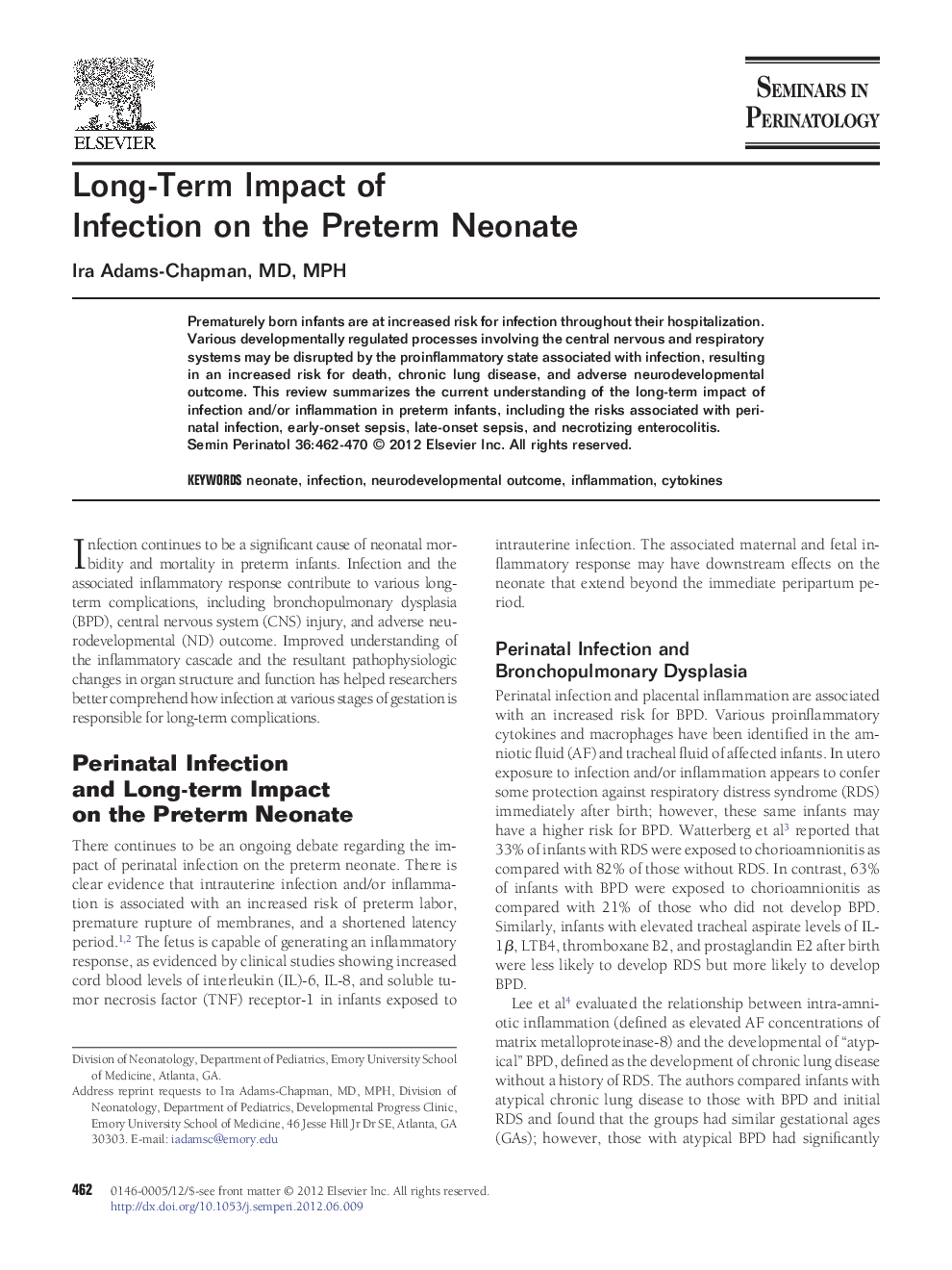 Long-Term Impact of Infection on the Preterm Neonate