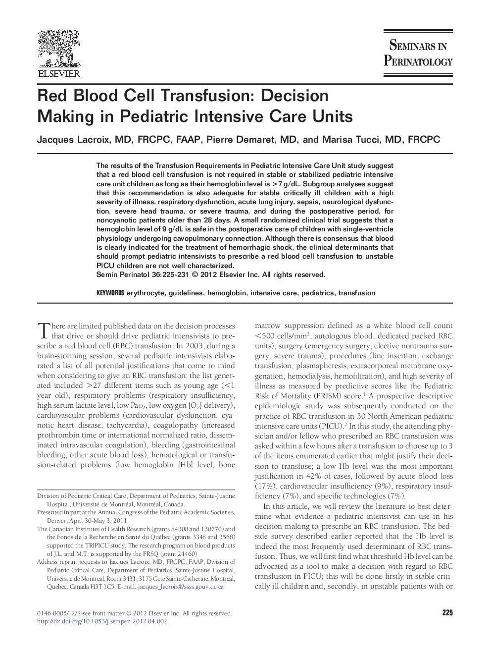 Red Blood Cell Transfusion: Decision Making in Pediatric Intensive Care Units 