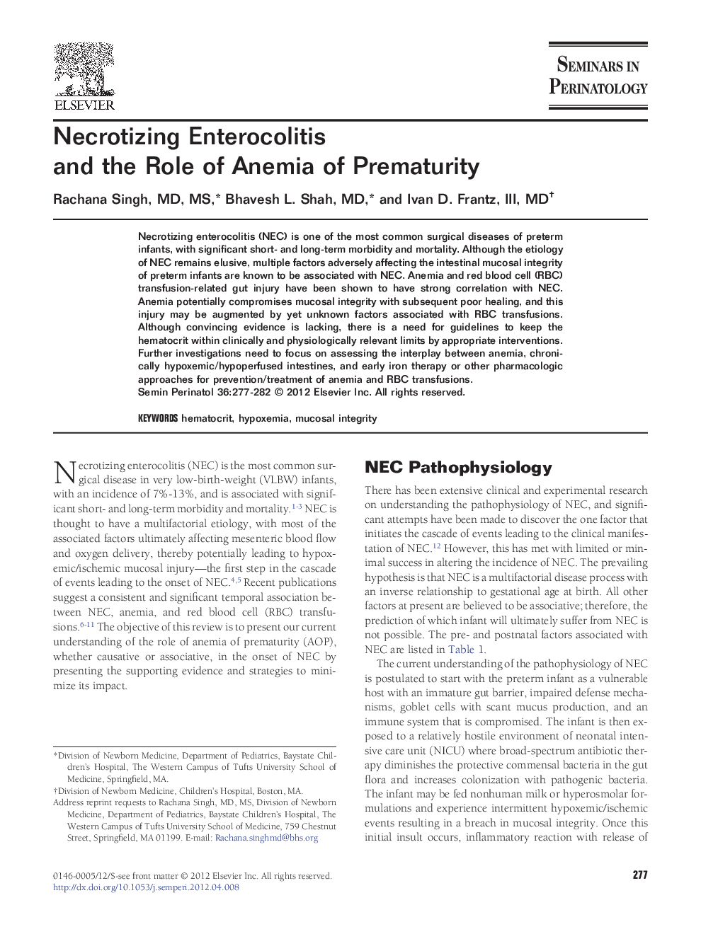 Necrotizing Enterocolitis and the Role of Anemia of Prematurity