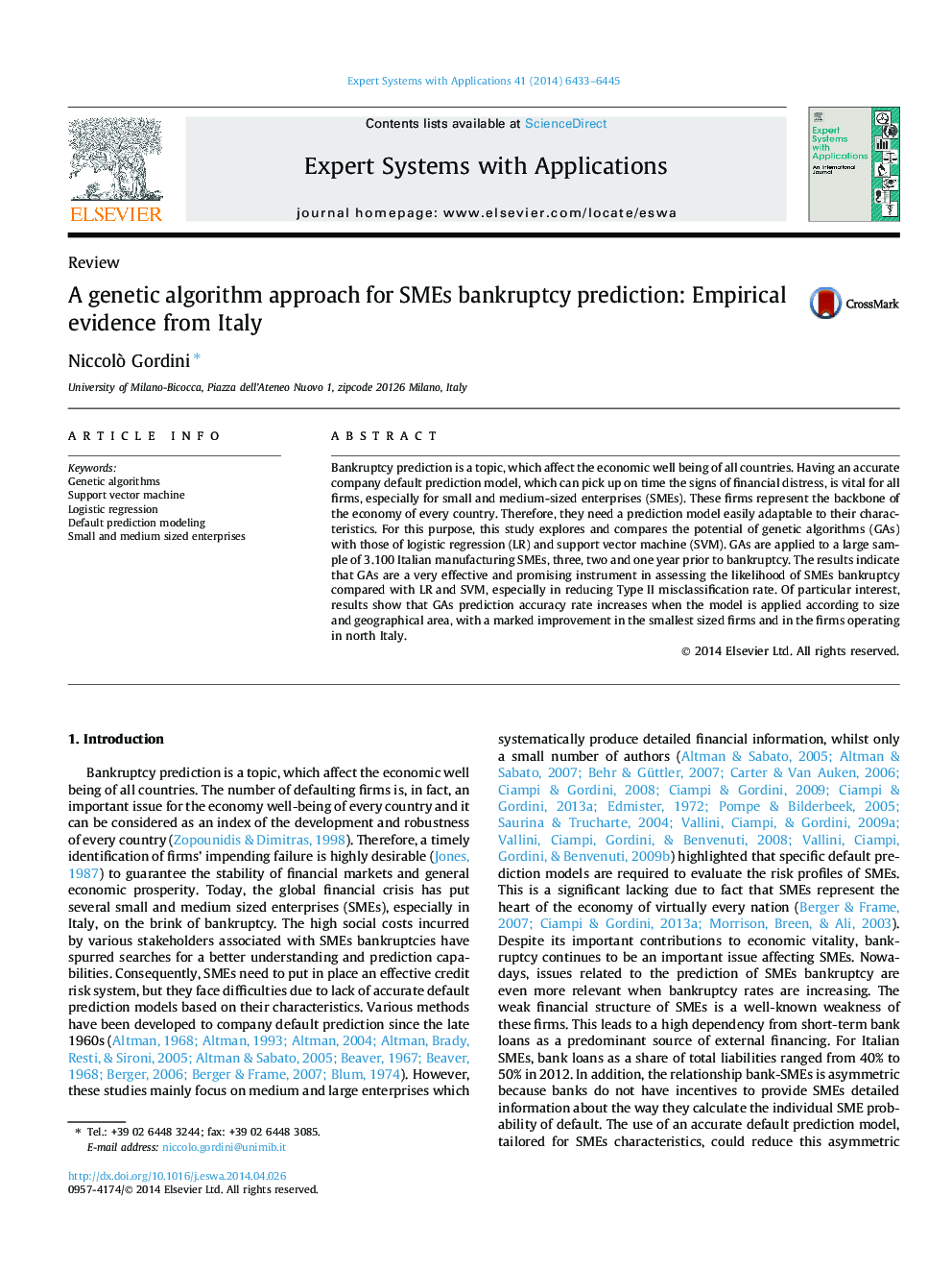 A genetic algorithm approach for SMEs bankruptcy prediction: Empirical evidence from Italy