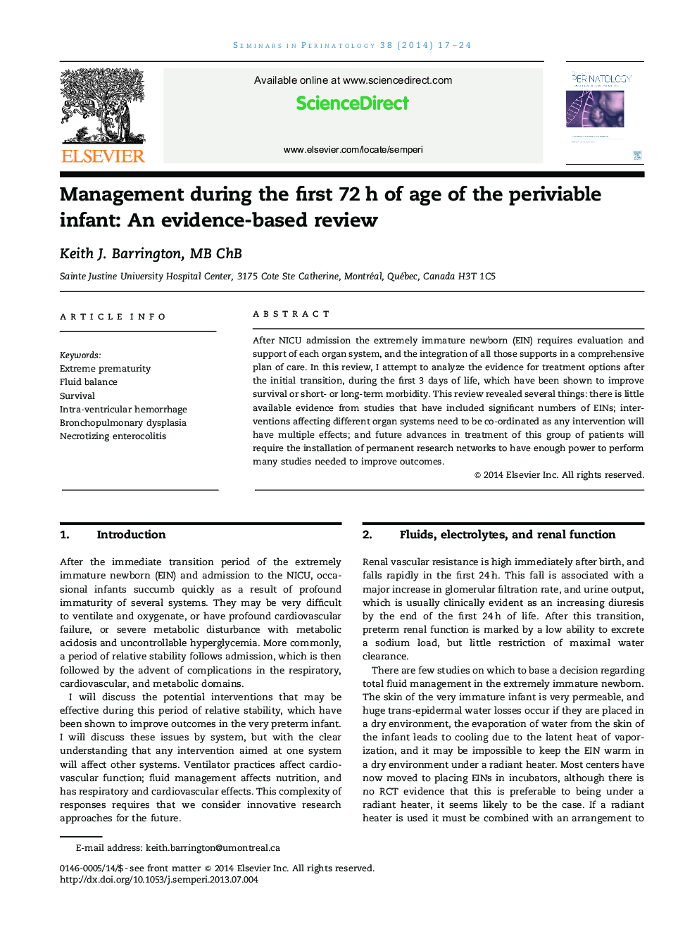 Management during the first 72 h of age of the periviable infant: An evidence-based review