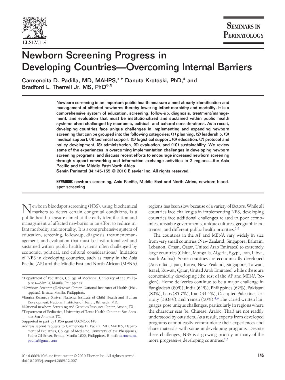 Newborn Screening Progress in Developing Countries—Overcoming Internal Barriers 