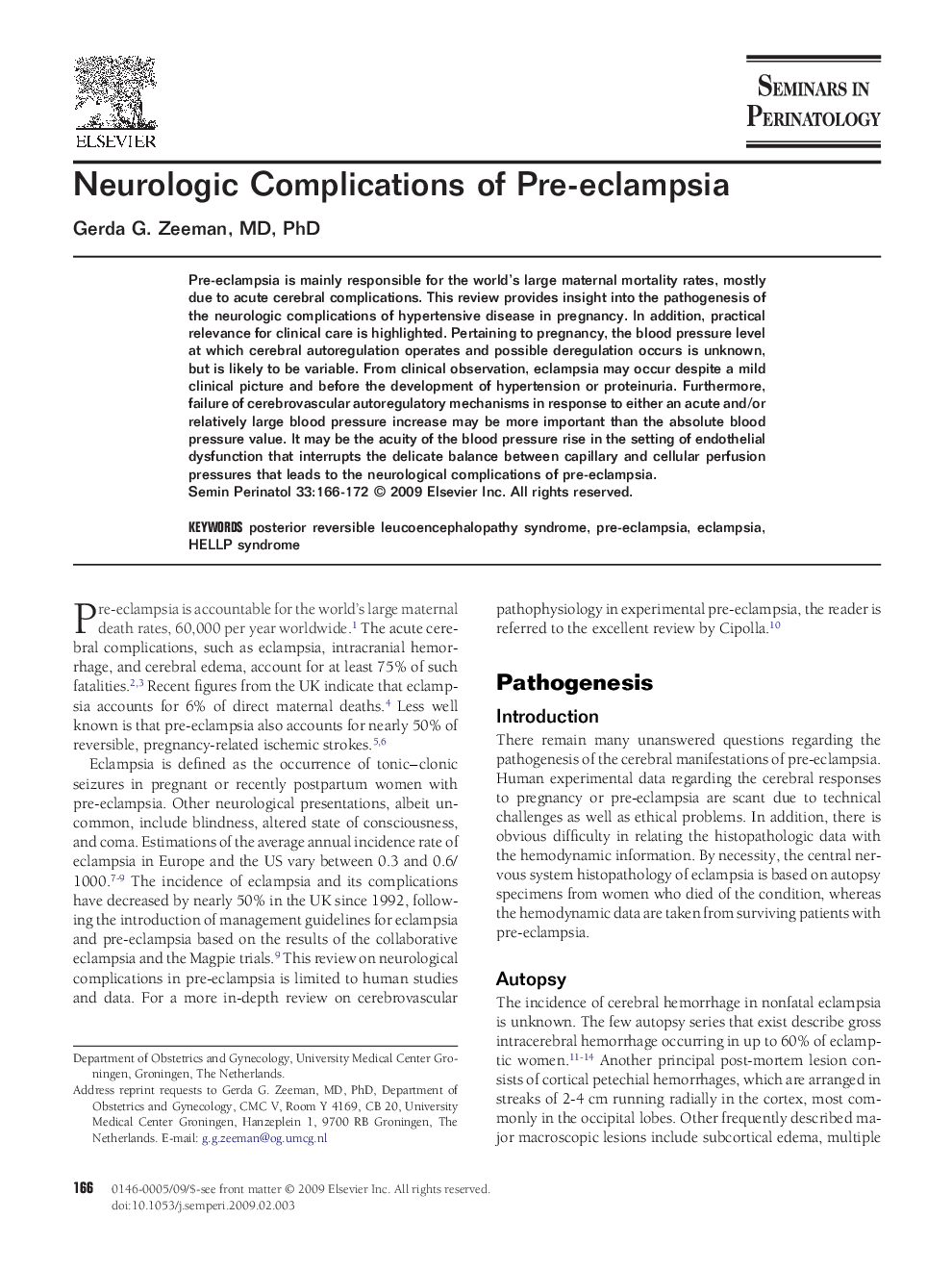 Neurologic Complications of Pre-eclampsia