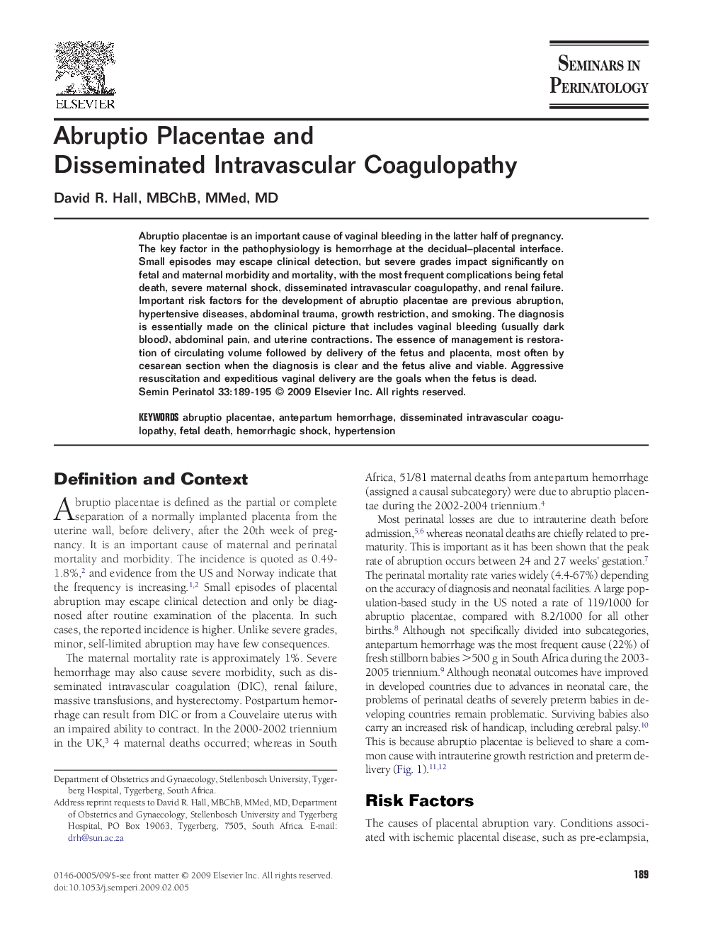 Abruptio Placentae and Disseminated Intravascular Coagulopathy