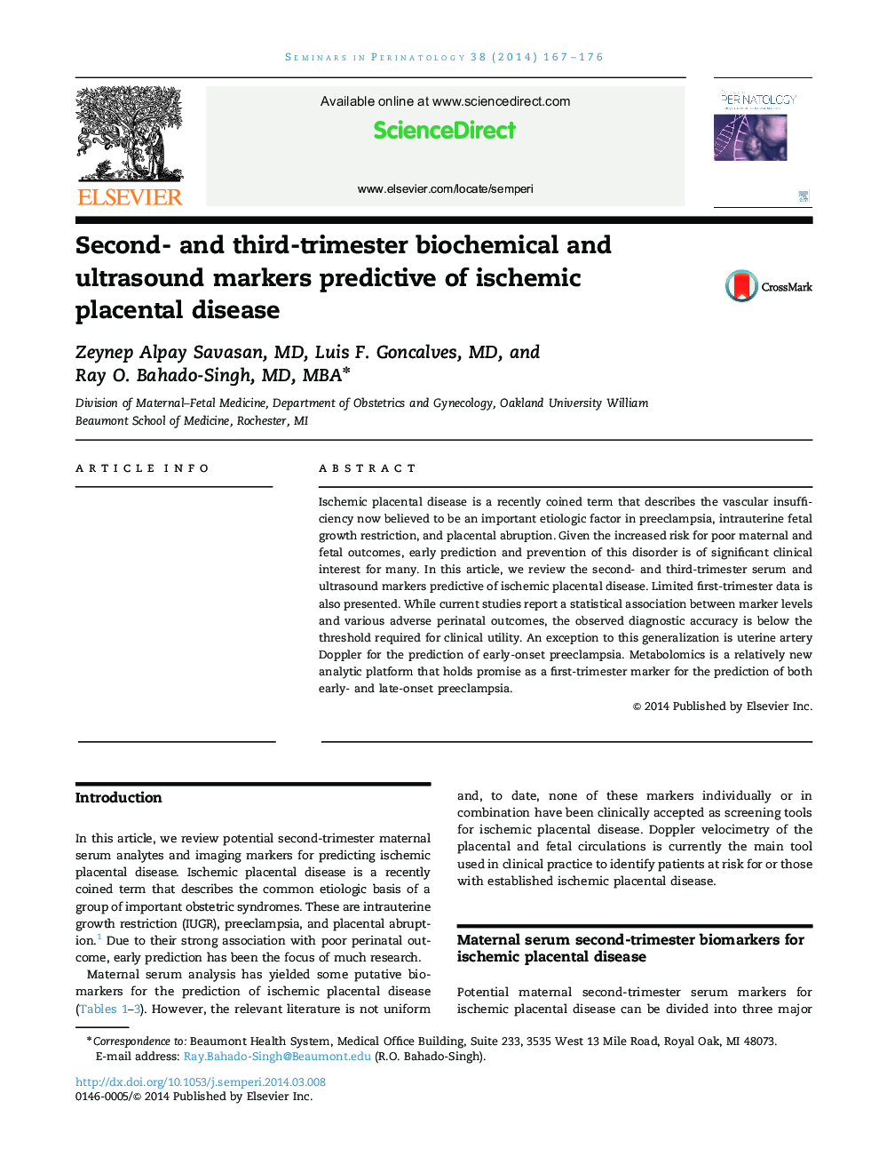 Second- and third-trimester biochemical and ultrasound markers predictive of ischemic placental disease