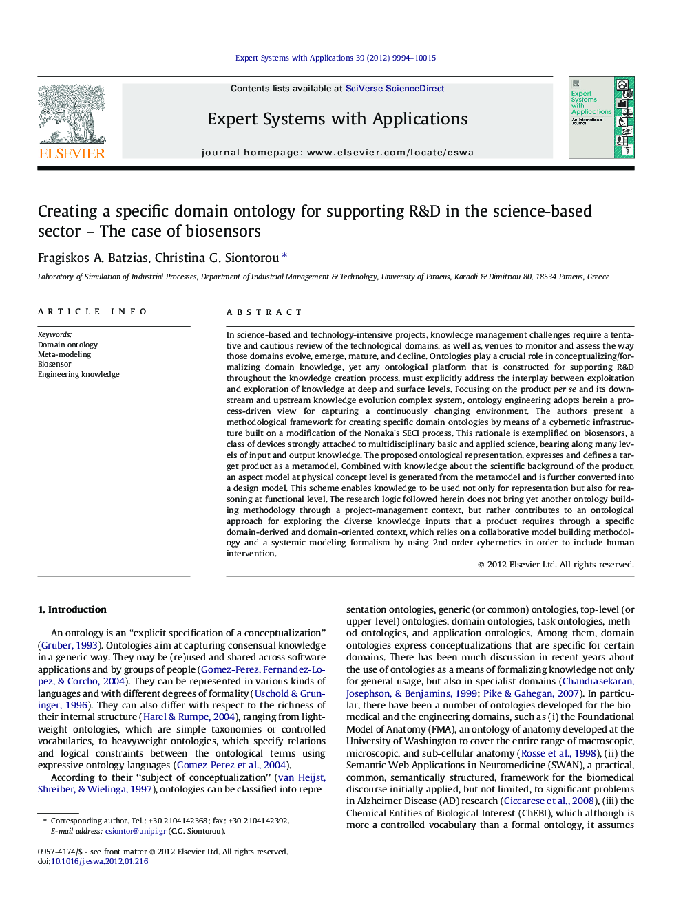 Creating a specific domain ontology for supporting R&D in the science-based sector – The case of biosensors