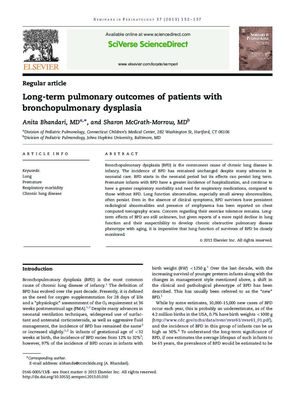 Long-term pulmonary outcomes of patients with bronchopulmonary dysplasia