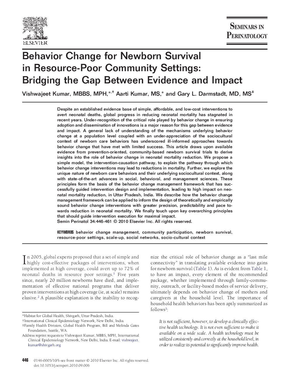 Behavior Change for Newborn Survival in Resource-Poor Community Settings: Bridging the Gap Between Evidence and Impact