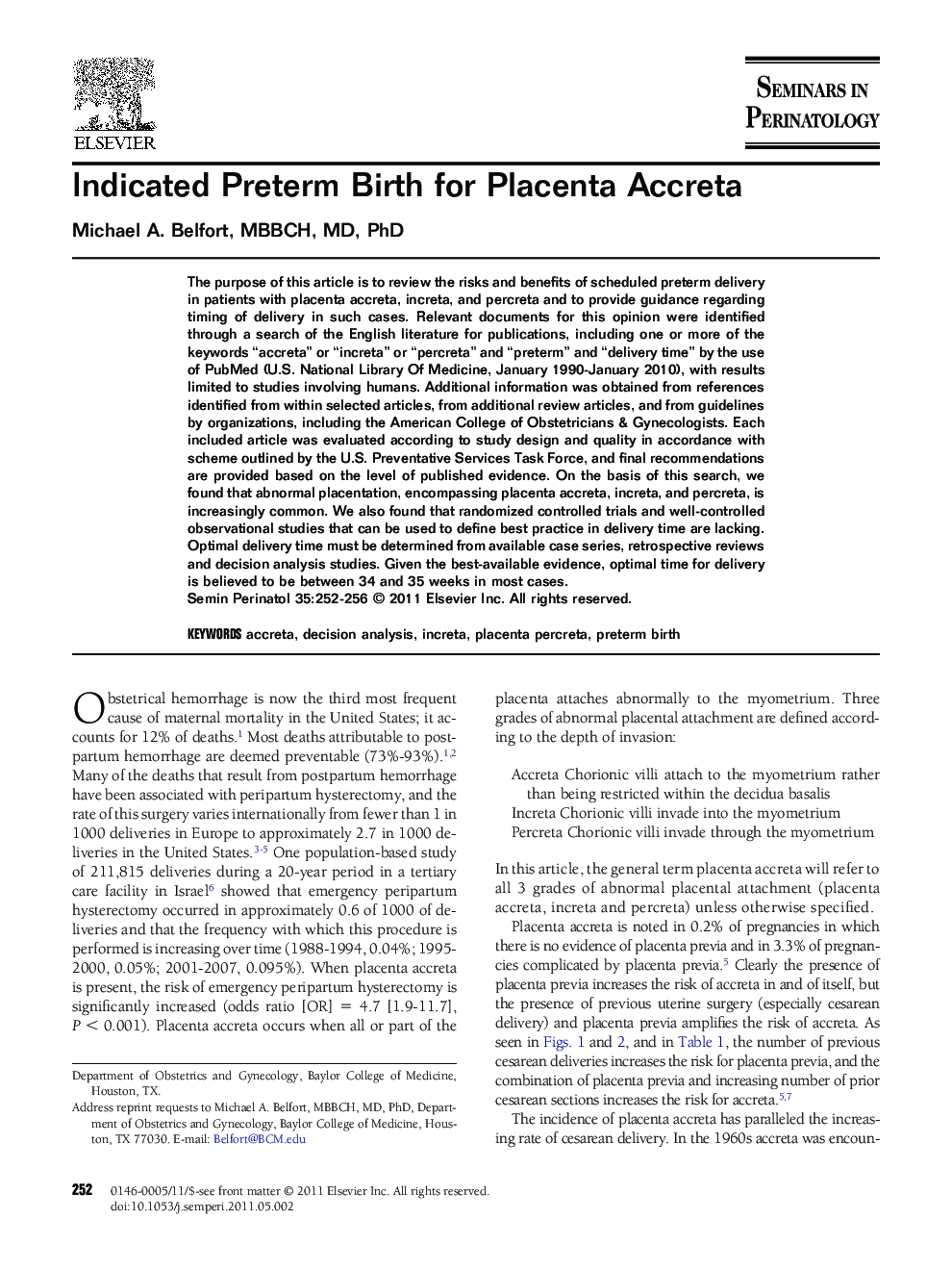 Indicated Preterm Birth for Placenta Accreta