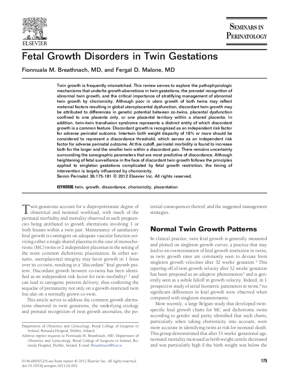 Fetal Growth Disorders in Twin Gestations