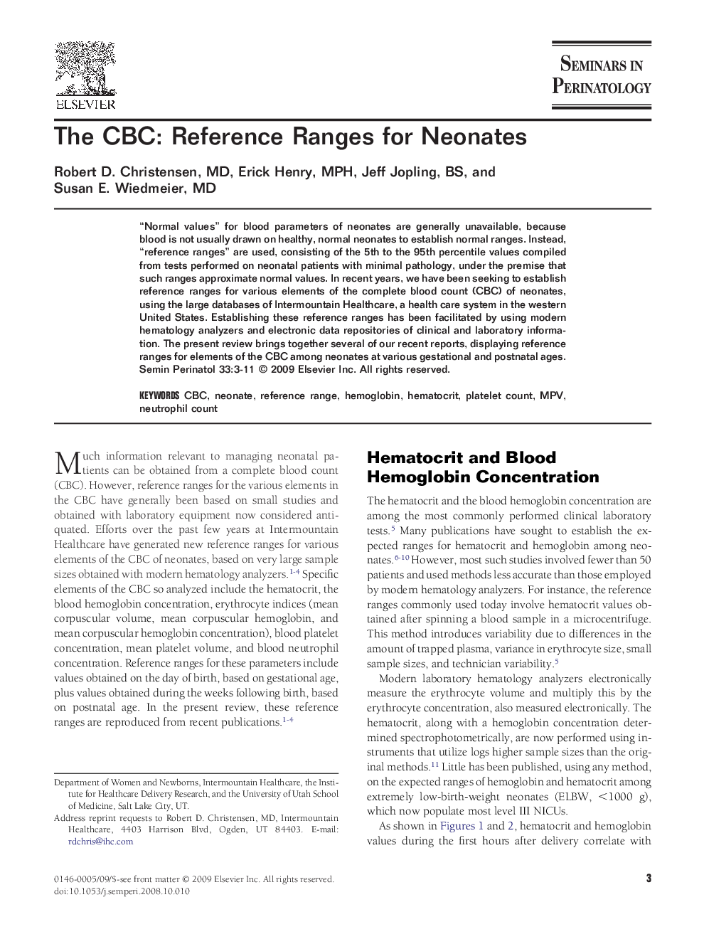 The CBC: Reference Ranges for Neonates