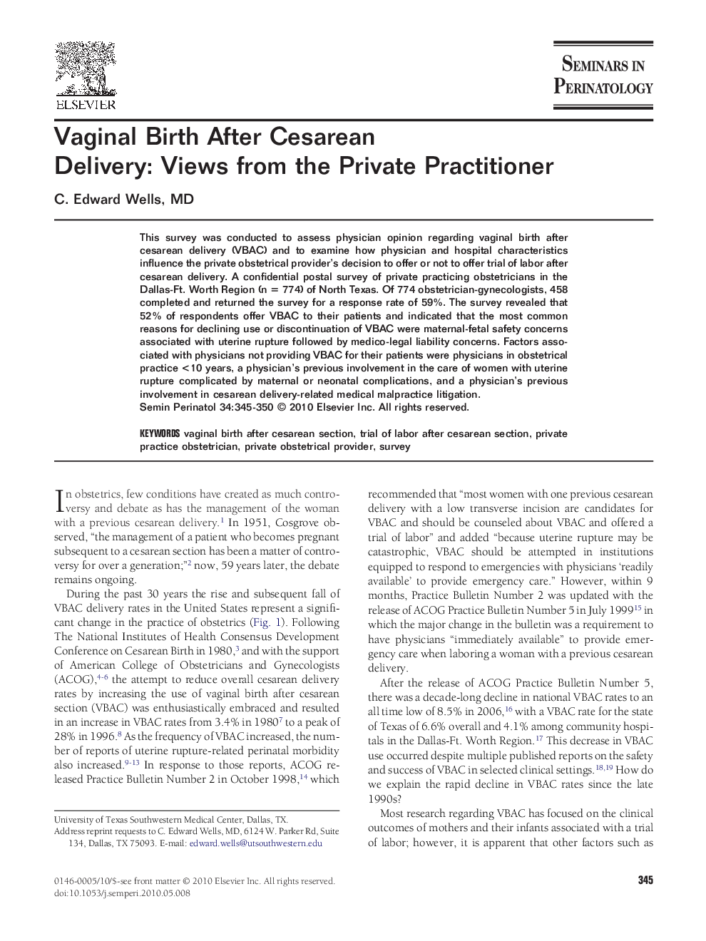 Vaginal Birth After Cesarean Delivery: Views from the Private Practitioner