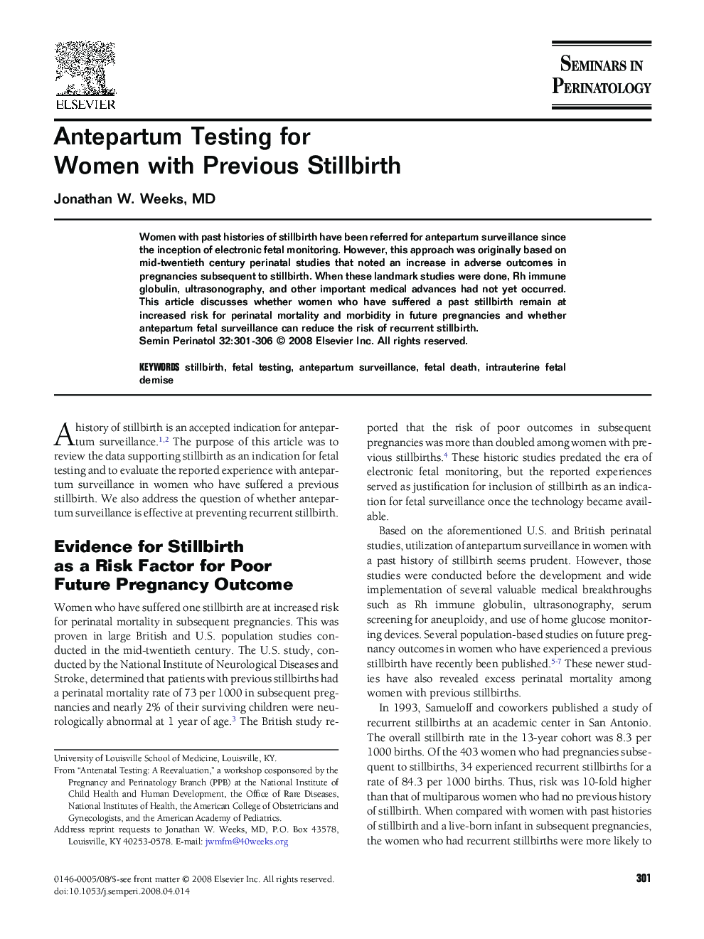 Antepartum Testing for Women with Previous Stillbirth