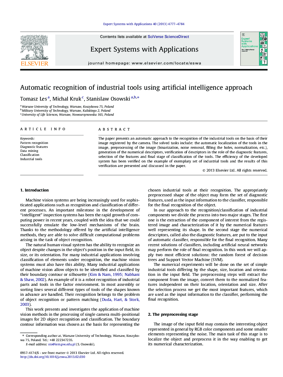 Automatic recognition of industrial tools using artificial intelligence approach