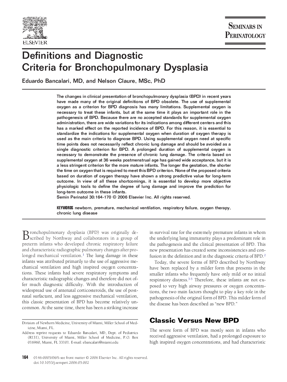 Definitions and Diagnostic Criteria for Bronchopulmonary Dysplasia