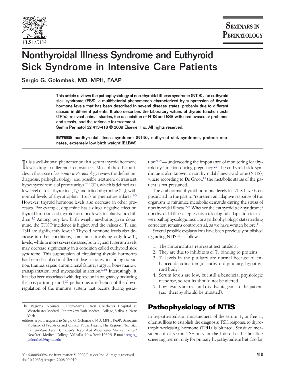 Nonthyroidal Illness Syndrome and Euthyroid Sick Syndrome in Intensive Care Patients