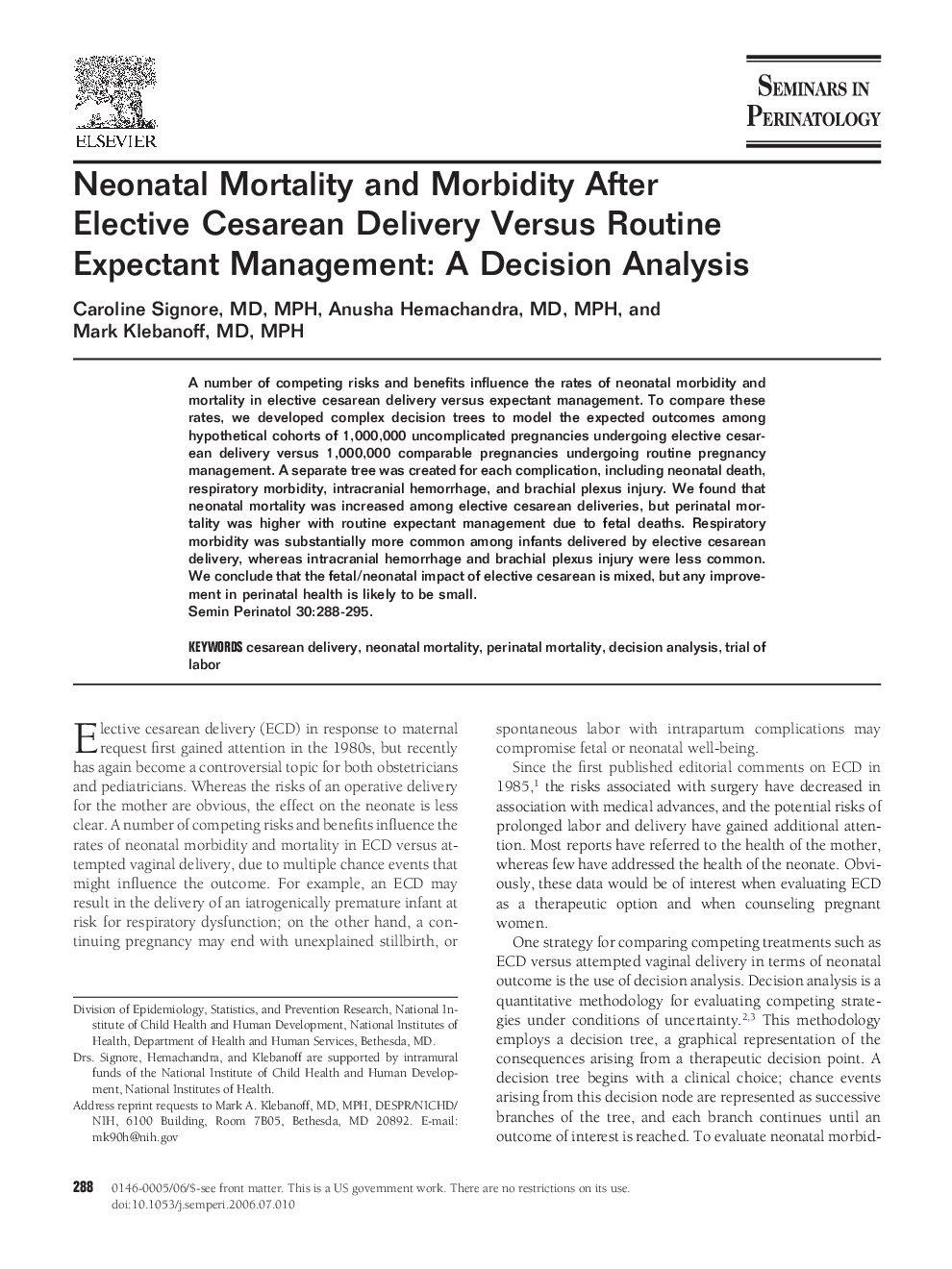 Neonatal Mortality and Morbidity After Elective Cesarean Delivery Versus Routine Expectant Management: A Decision Analysis 