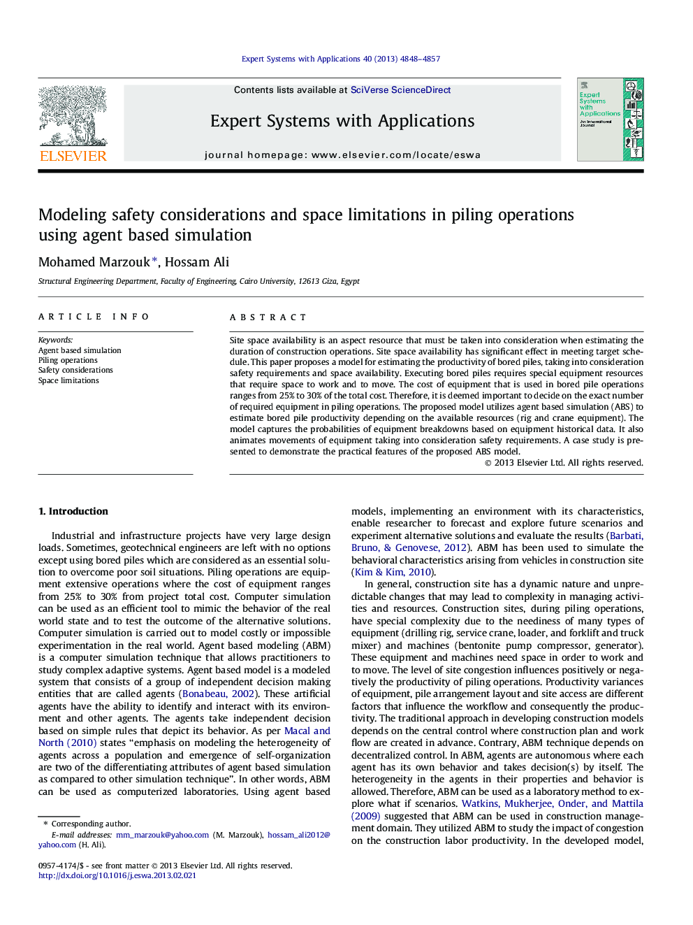 Modeling safety considerations and space limitations in piling operations using agent based simulation